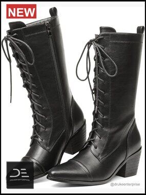 Mid Calf Boots Lace Up Chunky Heel Vintage Combat Heeled Boots